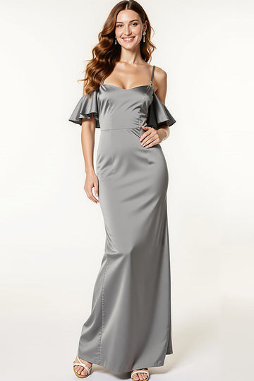 Robe longue formelle sirène en satin gris acier à épaules dénudées